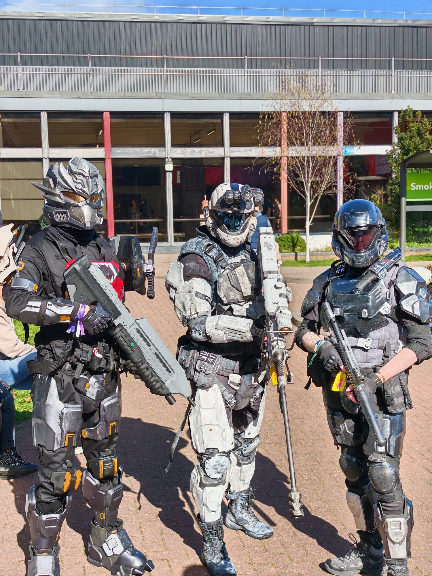 A line-up of costumed guests wearing detailed science-fiction armour